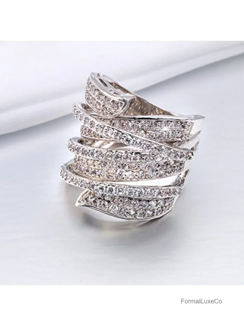 Rhodium Plated Cubic Zirconia Wide Band Cocktail Ring